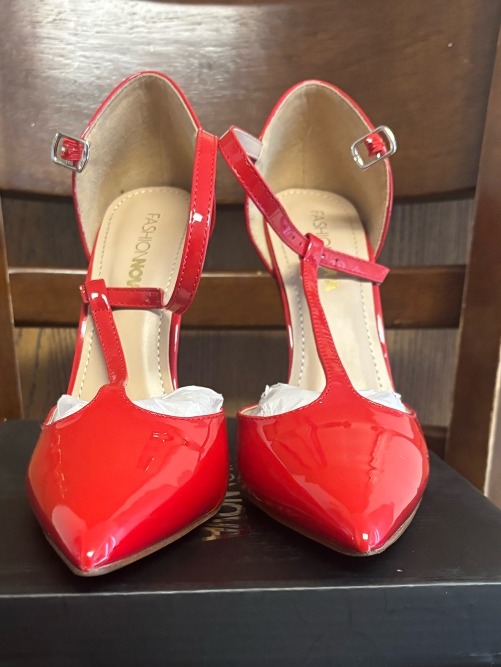 Fashion Nova Red Patent T-Strap Pointed Toe Heels